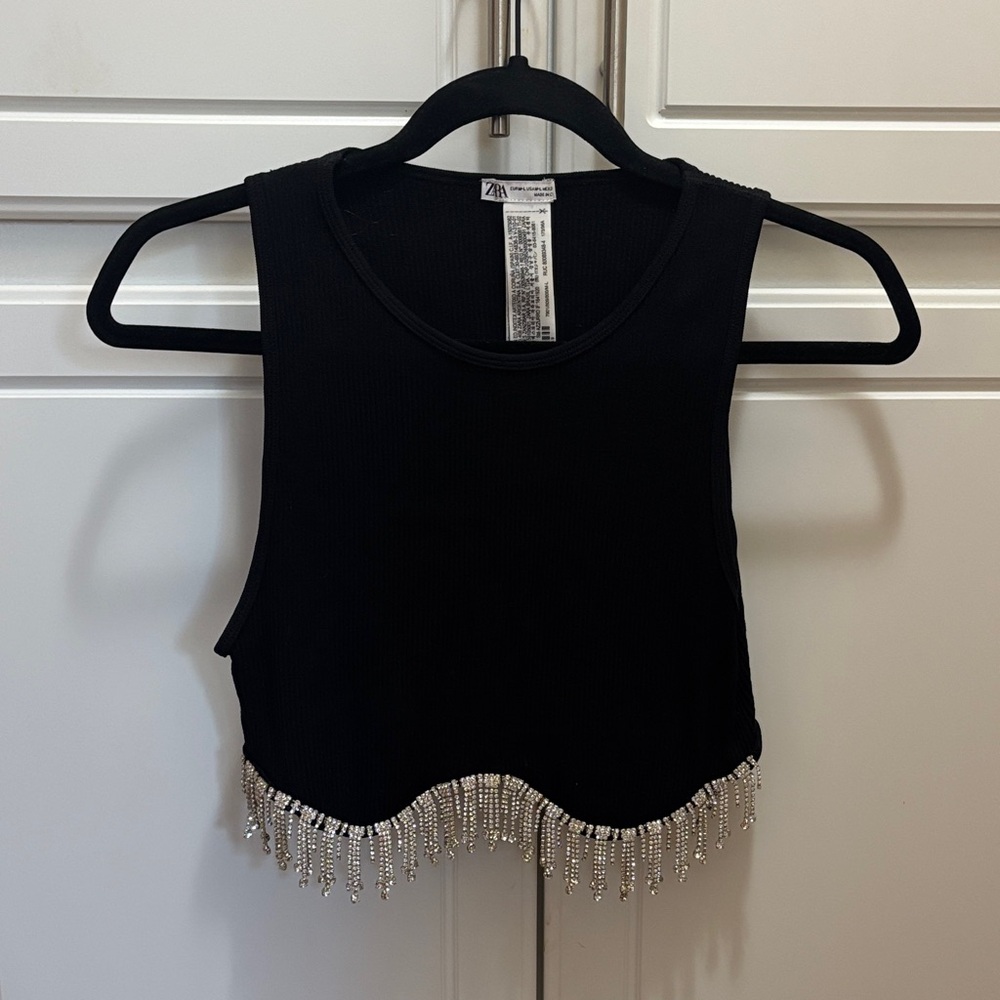 Zara Black Crop Top with Beaded Fringe